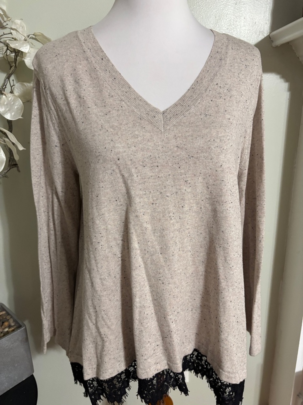 Style & Co Beige V Neck Sweater with Black Lace Trim - Picture 2 of 6